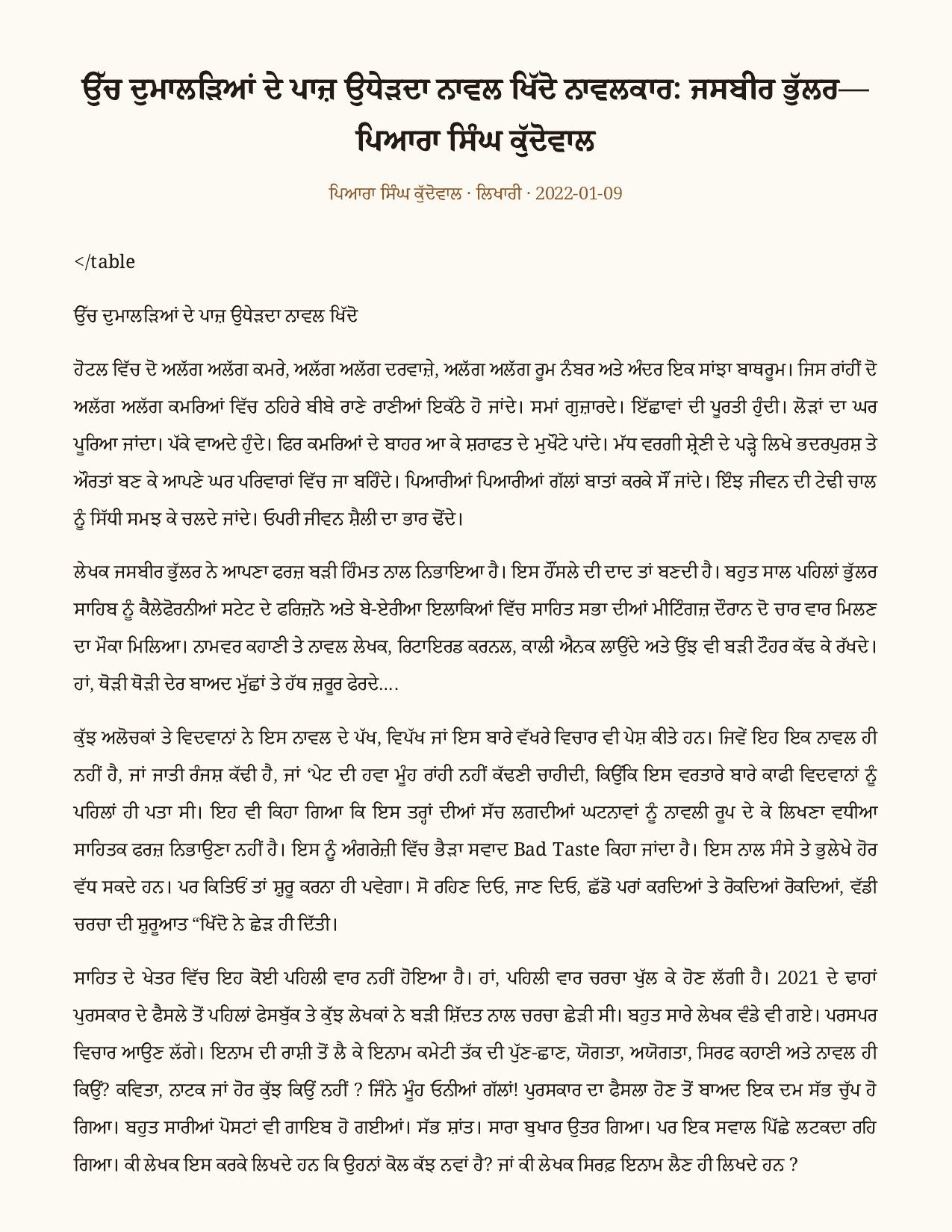 ਉੱਚ ਦੁਮਾਲੜਿਆਂ ਦੇ ਪਾਜ਼ ਉਧੇੜਦਾ ਨਾਵਲ ‘ਖਿੱਦੋ’ (ਨਾਵਲਕਾਰ: ਜਸਬੀਰ ਭੁੱਲਰ) as printed in ਲਿਖਾਰੀ (Likhari.net) — ਰਚਨਾ ਅਧਿਐਨ / ਰੀਵੀਊ, 9 ਜਨਵਰੀ 2022 · ਨਾਵਲ ‘ਖਿੱਦੋ’ — ਸਮੀਖਿਆ