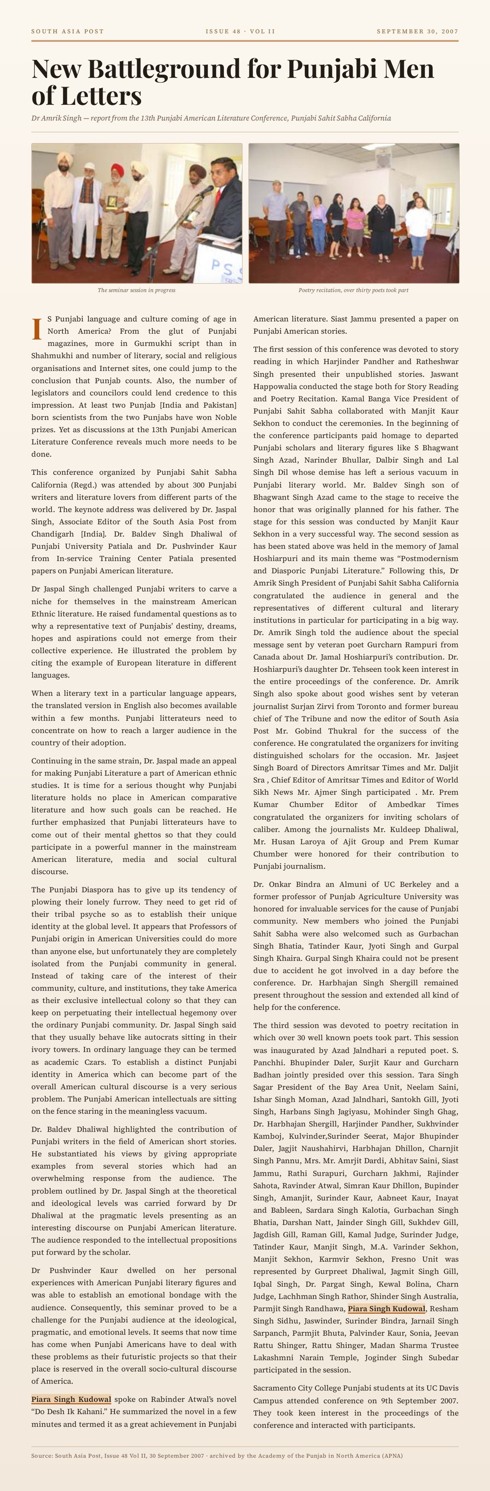 On Rabinder Atwal's novel ‘Do Desh Ik Kahani’ — 13th Punjabi American Literature Conference as printed in South Asia Post — report by Dr Amrik Singh (APNA archive), Issue 48, Vol II · Punjabi Sahit Sabha California, 13th Punjabi American Literature Conference