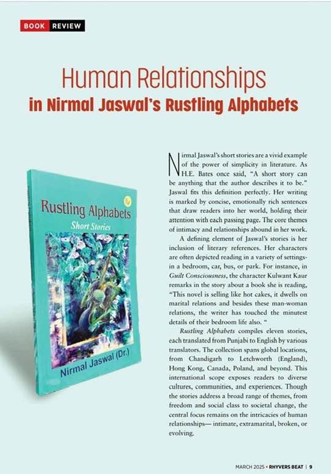 Human Relationships in Nirmal Jaswal’s Rustling Alphabets as printed in Rhyvers Beat, March 2025 · pages 9–10