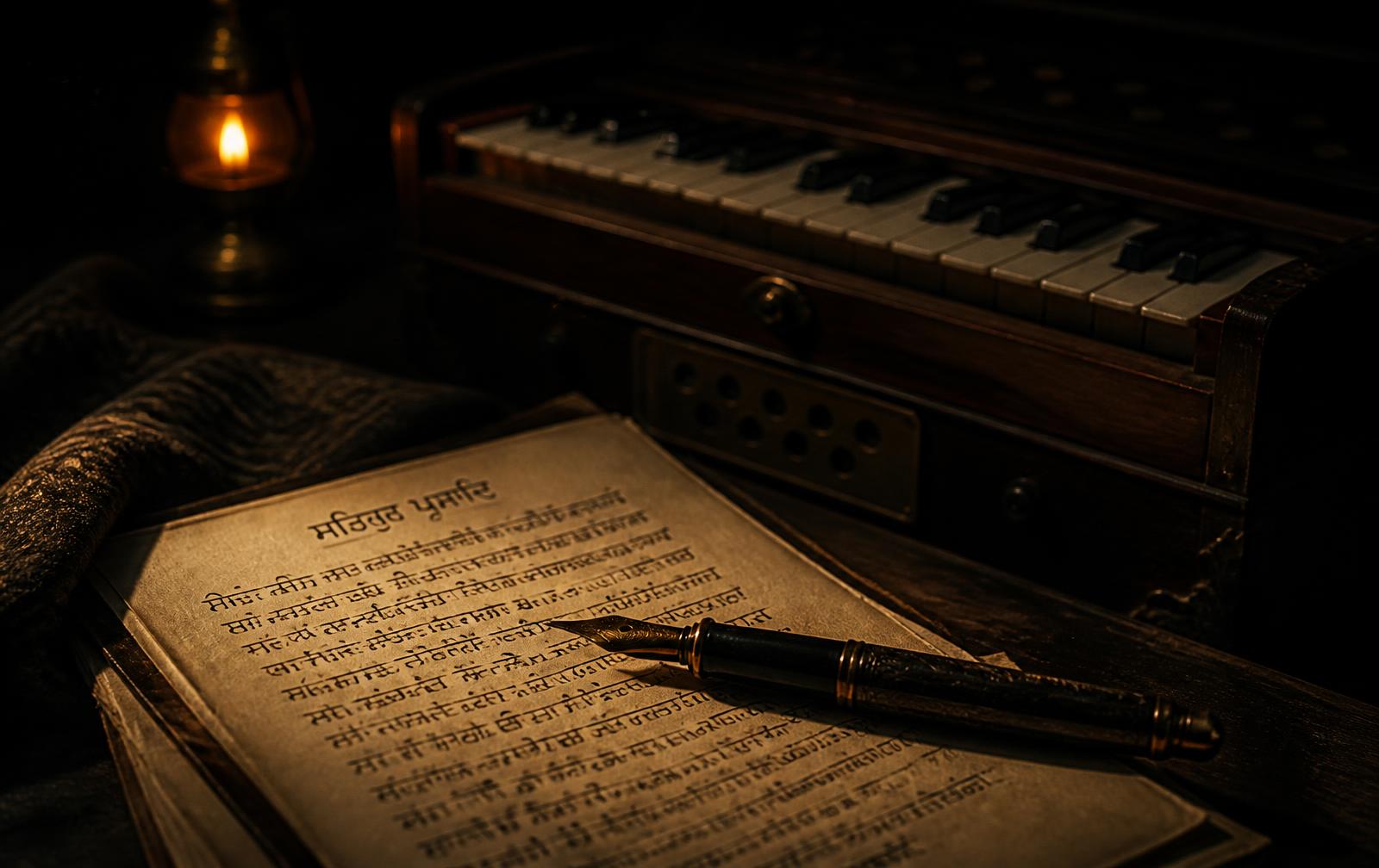 A fountain pen resting on a handwritten Punjabi manuscript beside a harmonium